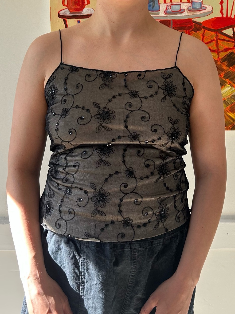 vintage bebe Black Sheer Embroidered Spaghetti Strap Camisole